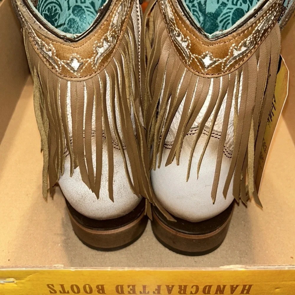 Corral Leather White/Brown Fringe Studs Square Mouth Boots(Size 9) - Picture 4 of 12